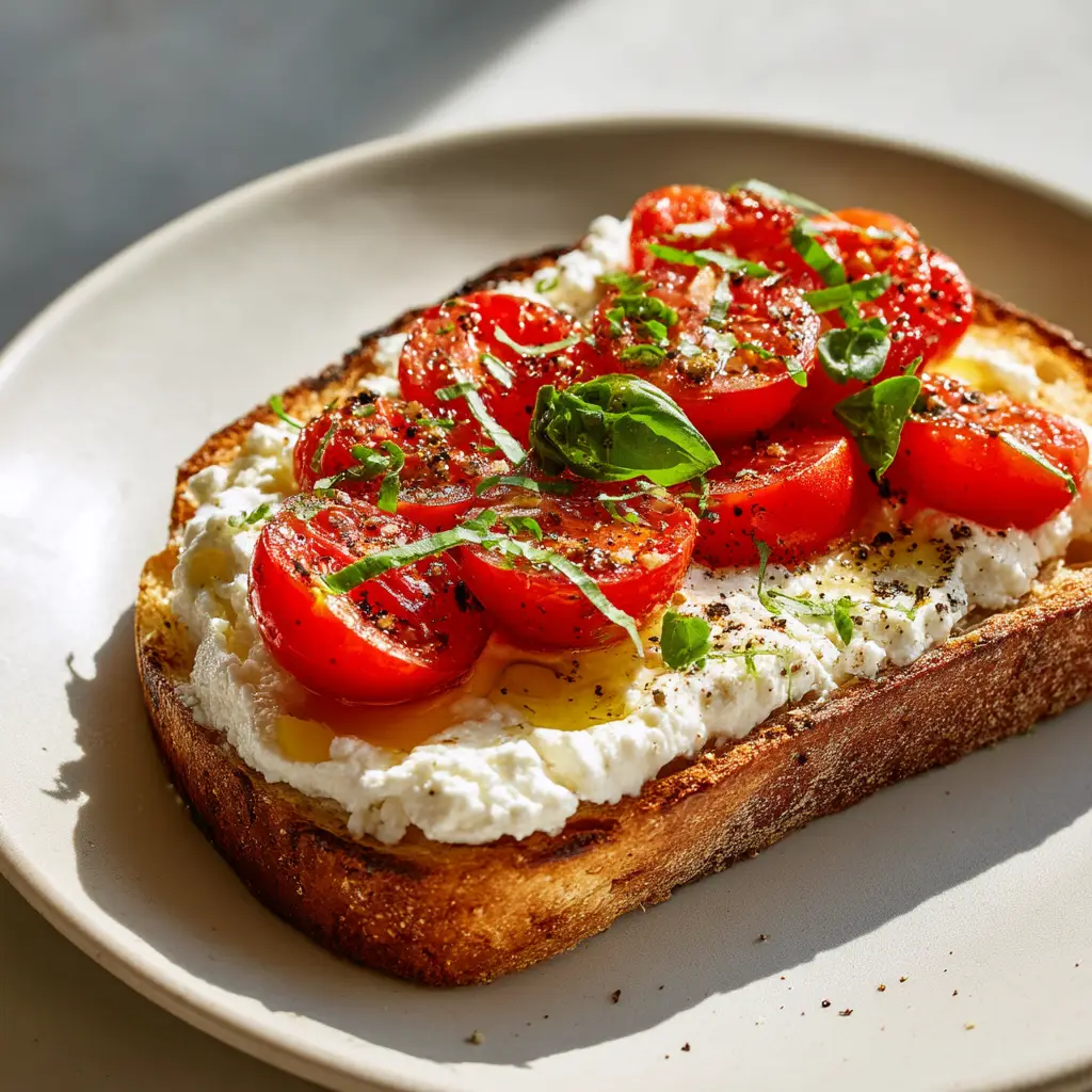 Close-up of creamy white cottage cheese spread thickly over a slice of golden-brown toasted sourdough.