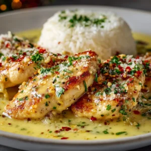 Overhead view of chicken scampi ingredients including raw tenders, fresh parsley, garlic, lemon, heavy cream, and parmesan cheese.