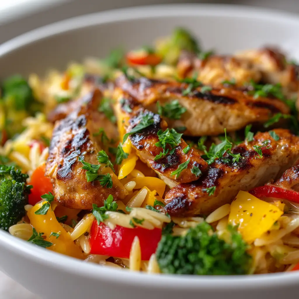 Close up of charred grilled chicken mixed with cooked orzo pasta, broccoli, and peppers bathed in sunny natural lighting.