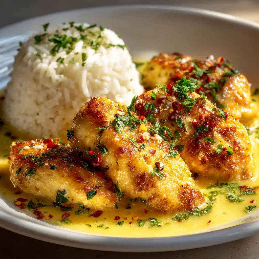 Close-up of golden-brown chicken tenders simmering in a glossy, creamy yellow lemon butter sauce in a skillet.