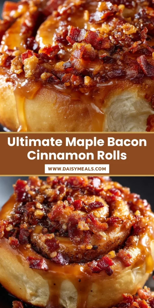 Decadent Maple Bacon Cinnamon Rolls 4 A warm, freshly baked maple bacon cinnamon roll topped with shiny dripping maple glaze and crispy candied bacon crumbles.