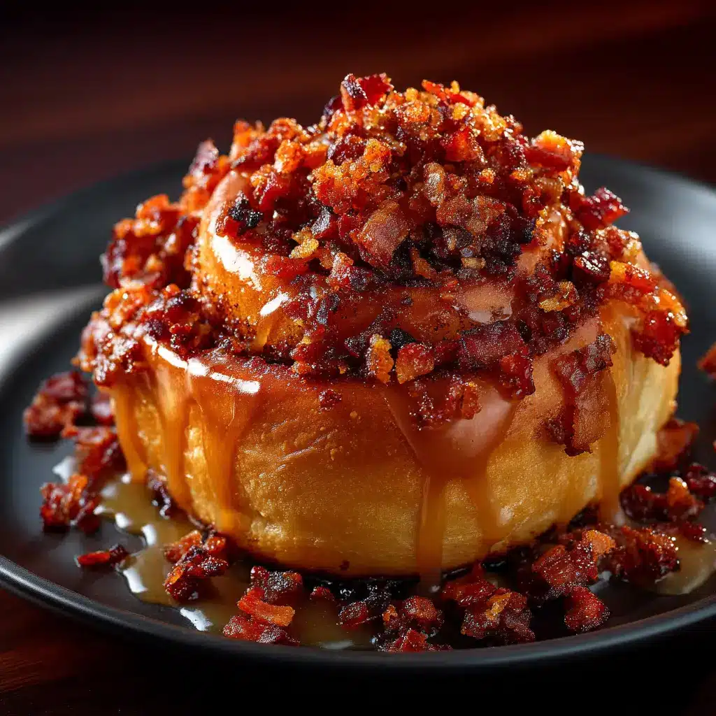 Decadent Maple Bacon Cinnamon Rolls 2 Extreme close-up of a golden brown, fluffy maple bacon cinnamon roll covered in thick maple glaze on a dark plate.