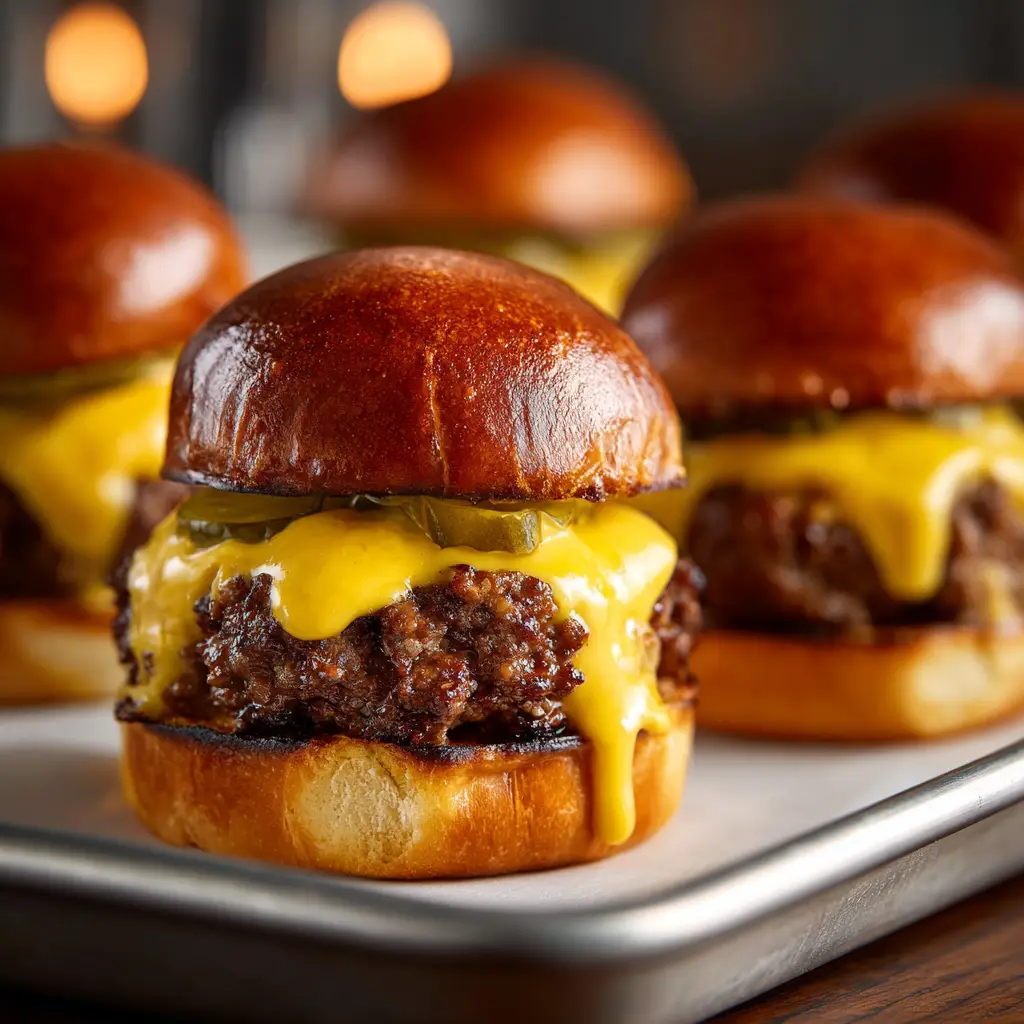Fresh ingredients for Sheetpan Burger Sliders including ground beef, yellow cheddar cheese, dill pickles, and glossy brioche buns.