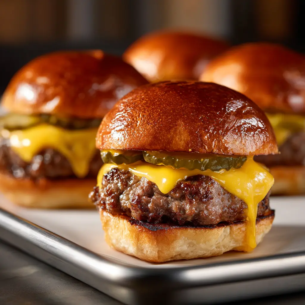 Assembled Sheetpan Burger Sliders on a metal pan lined with white parchment paper, showing seared beef and melting cheddar.