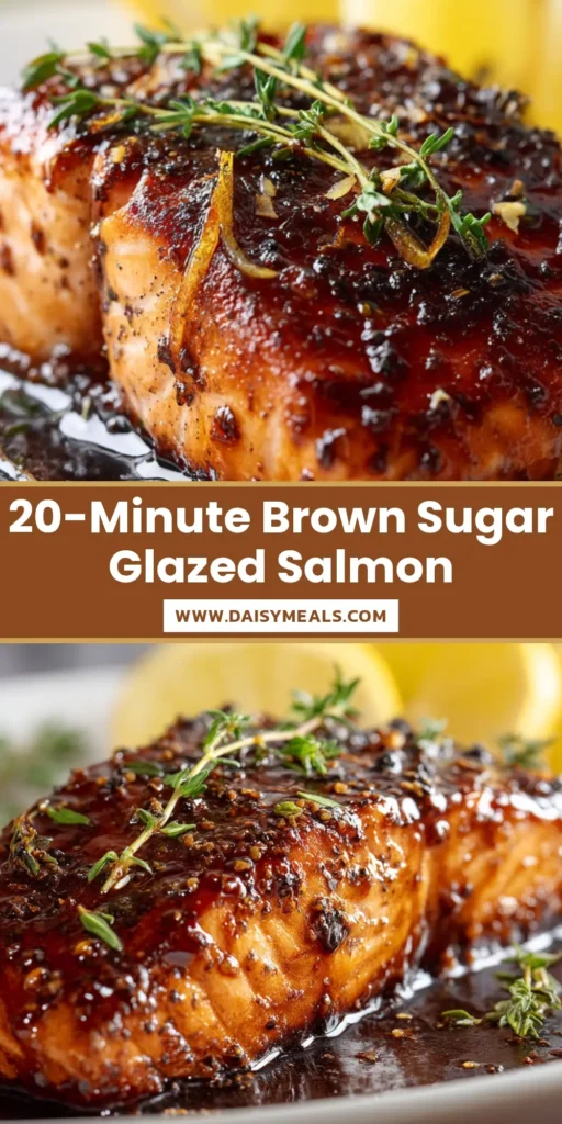 A close up view of a tender, flaky piece of Brown Sugar Glazed Salmon garnished with black pepper and thyme, with bright lemon wedges in the background.