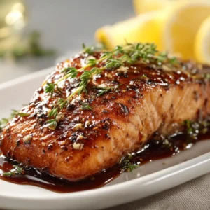 Overhead shot of a glistening Brown Sugar Glazed Salmon fillet on a minimalist white plate, accented by a dark sweet and savory glaze.