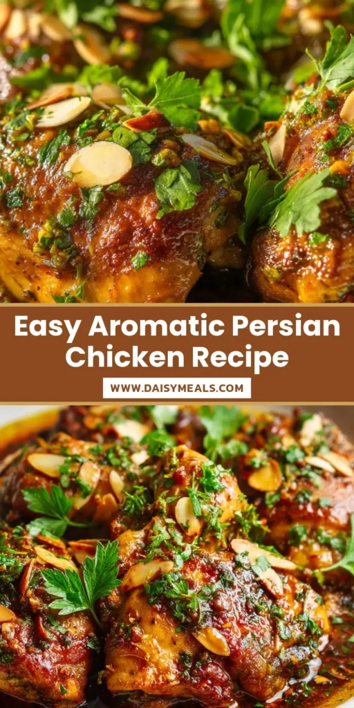 A shallow white bowl filled with golden brown Persian Chicken pieces coated in a dark, glossy pomegranate sauce, topped with fresh parsley and slivered almonds.