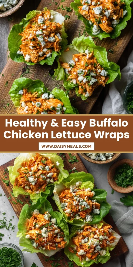 Overhead flat lay of four vibrant buffalo chicken lettuce wraps on a rustic wooden board, topped with blue cheese and parsley.