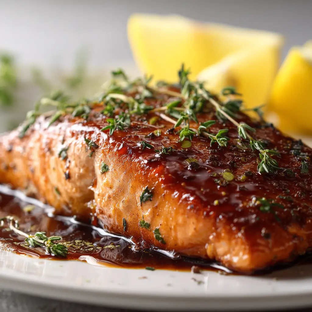 Close-up showing the flaky, moist texture of perfectly cooked Brown Sugar Glazed Salmon garnished with fresh thyme.
