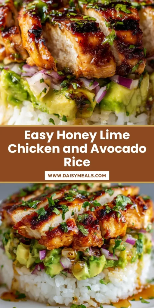 A close-up shot of a honey lime chicken and avocado rice stack on a clean white plate, sprinkled with cilantro.