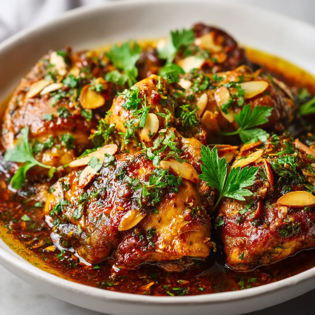 Close-up eye-level food photograph of savory Persian chicken in a shallow white bowl showing perfectly golden brown chicken.