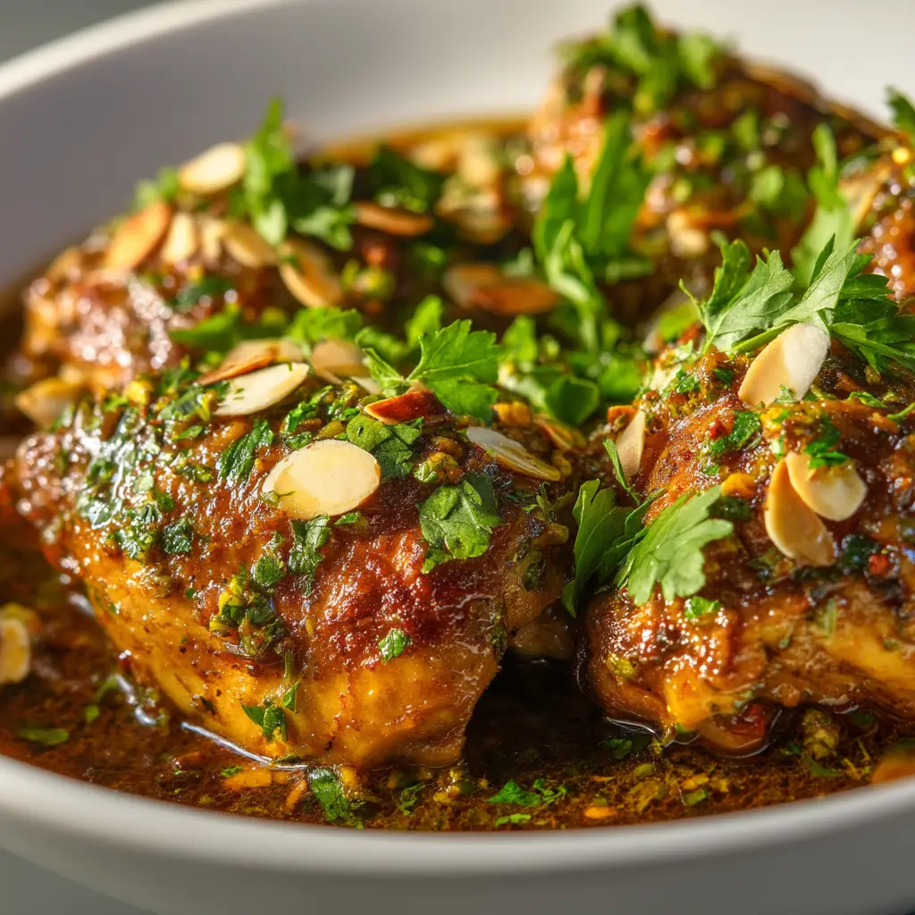 Persian chicken pieces coated in a rich, dark, glossy sauce with visible herbs, parsley, and toasted slivered almonds.