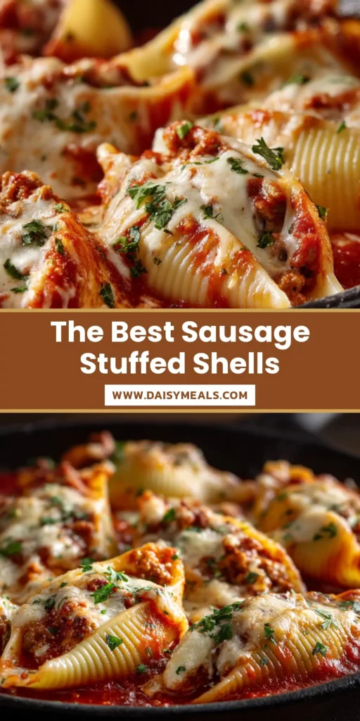 Extreme close-up of delicious Sausage Stuffed Shells in a rustic cast iron skillet topped with bubbling cheese and fresh parsley.