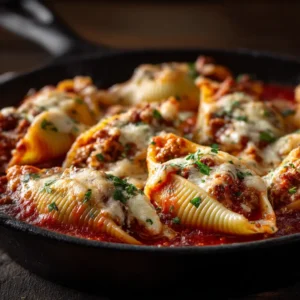 A bubbling cast iron skillet filled with Jumbo Sausage Stuffed Shells in a thick rich red tomato sauce.