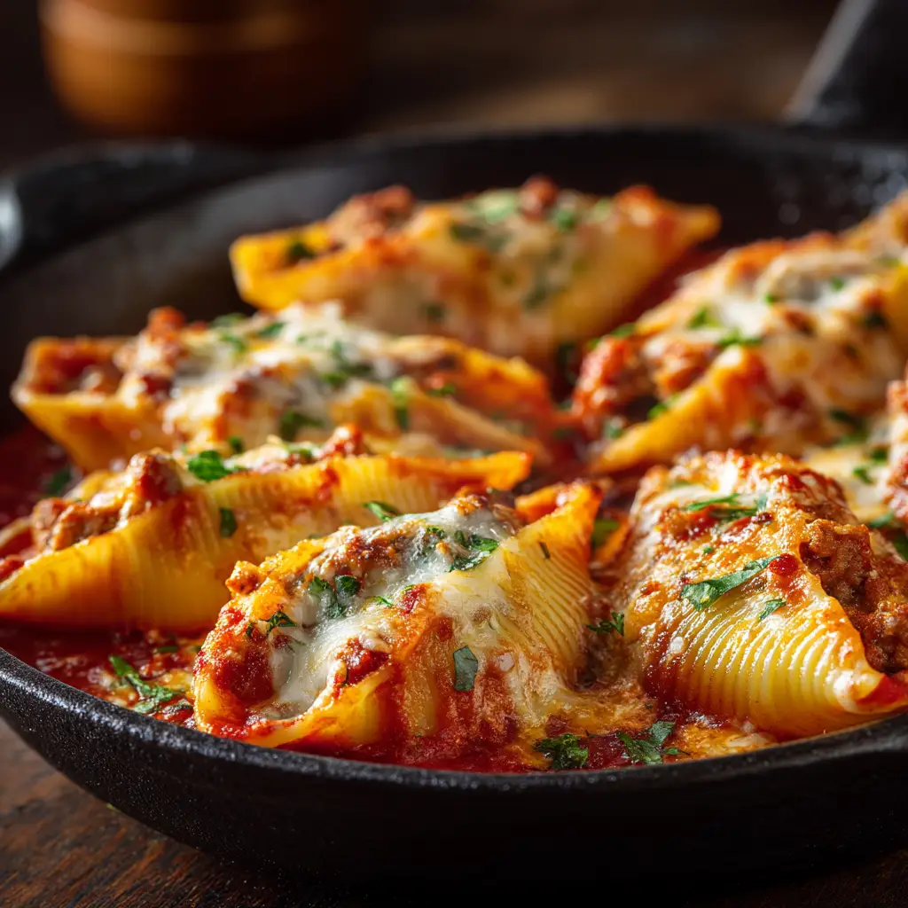 Close-up detail of bubbling mozzarella cheese and fresh green parsley over Sausage Stuffed Shells.