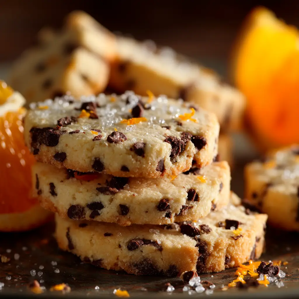 Ingredients laid out for making dark chocolate orange shortbread cookies including flour, butter, dark chocolate chips, and fresh oranges.