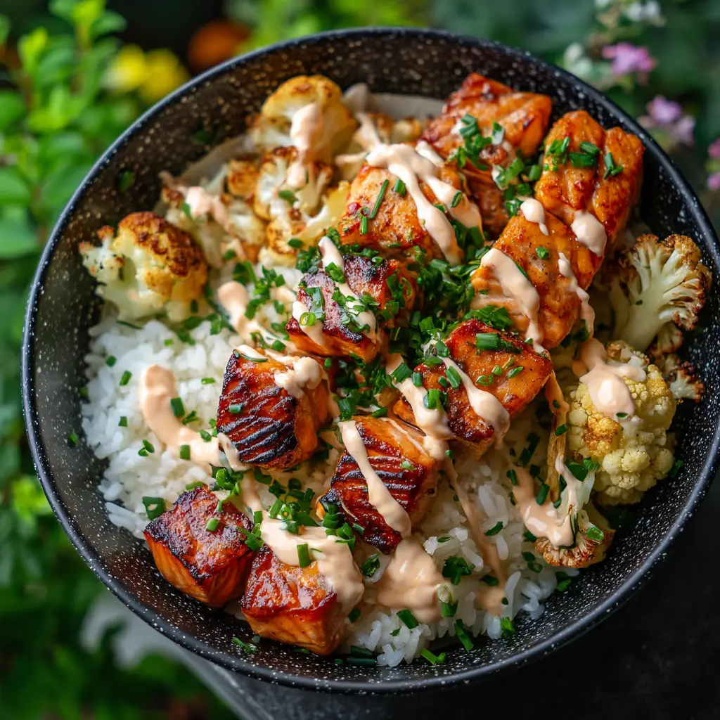 Raw ingredients for Sriracha Honey Salmon Bowls including fresh cubed salmon, sriracha, honey, cauliflower, and jasmine rice.