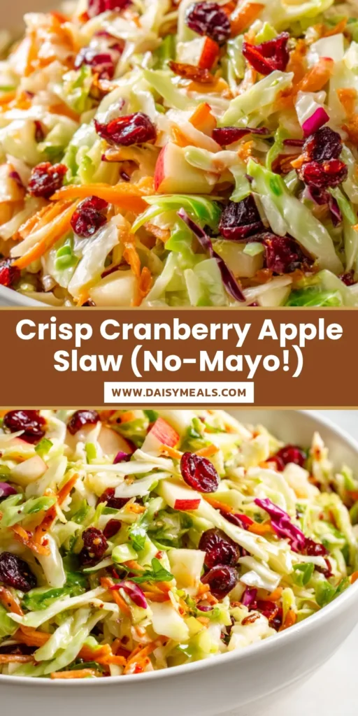 A vibrant Cranberry Apple Coleslaw served in a white bowl, showing fresh cabbage, red apples, and plump cranberries.