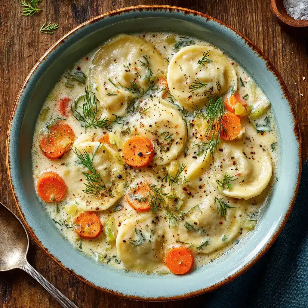 Overhead view of creamy dill pierogi soup ingredients including carrots, frozen pierogies, fresh dill, and cream.