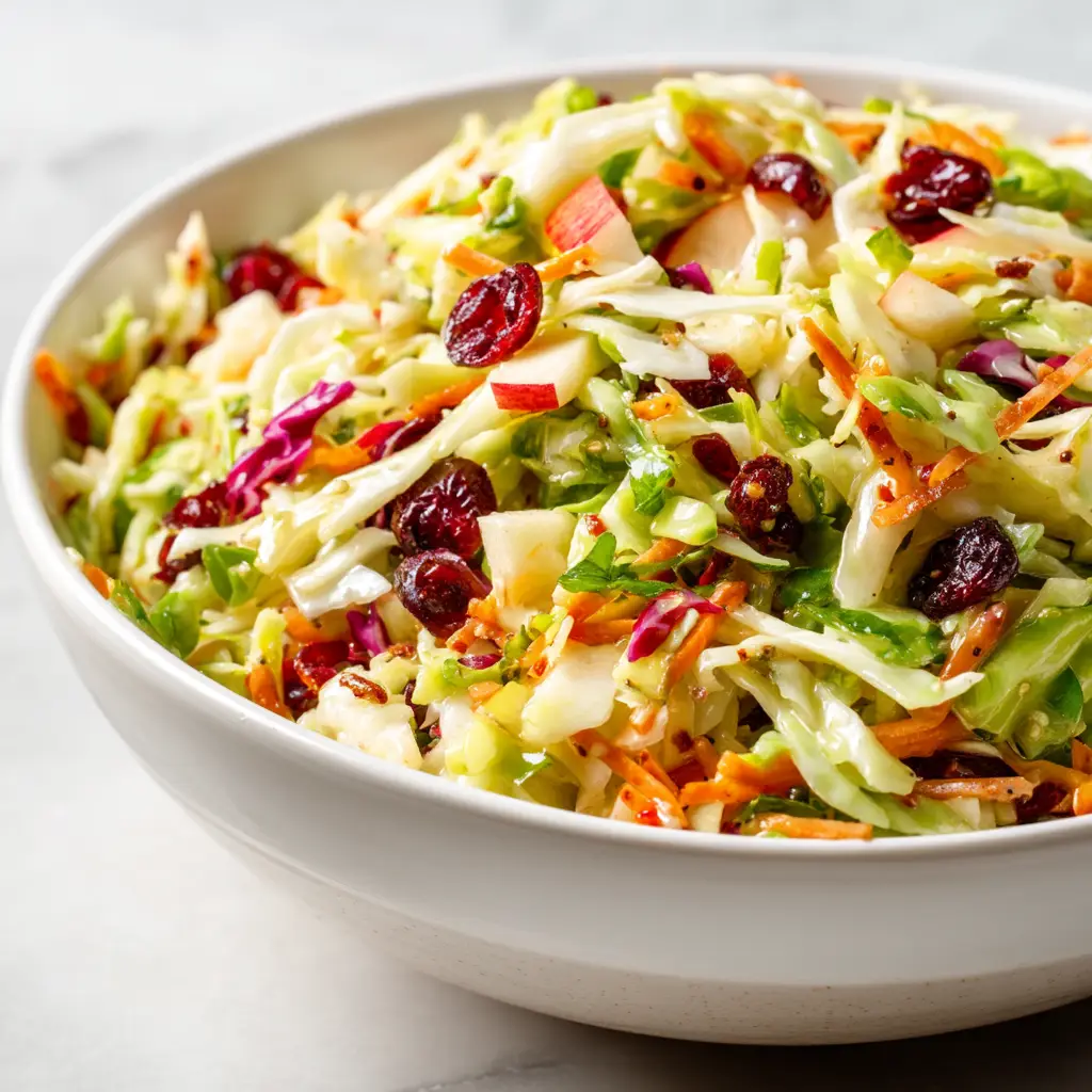Extreme close-up of cranberry apple coleslaw coated in a glistening, light vinaigrette dressing.
