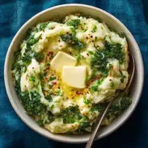 A close-up shot of buttery mashed potatoes mixed with green cabbage, showcasing the texture of the Irish Colcannon.