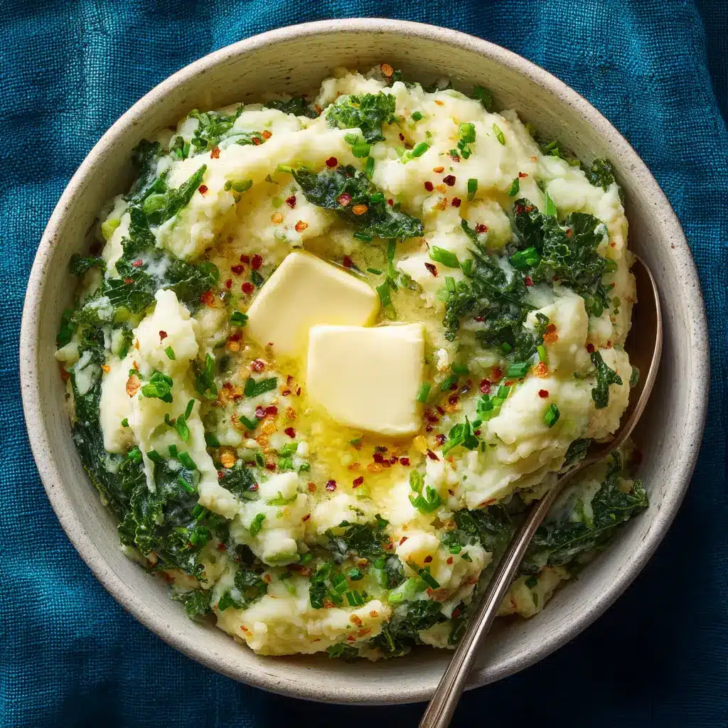 A close-up shot of buttery mashed potatoes mixed with green cabbage, showcasing the texture of the Irish Colcannon.