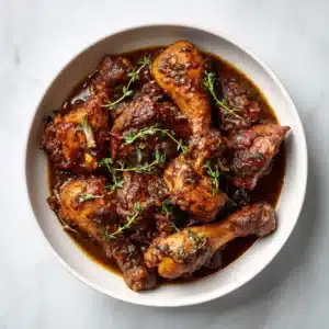 A close-up shot of Jamaican brown stew chicken simmering in a pot with carrots and bell peppers, showing the rich texture of the gravy.