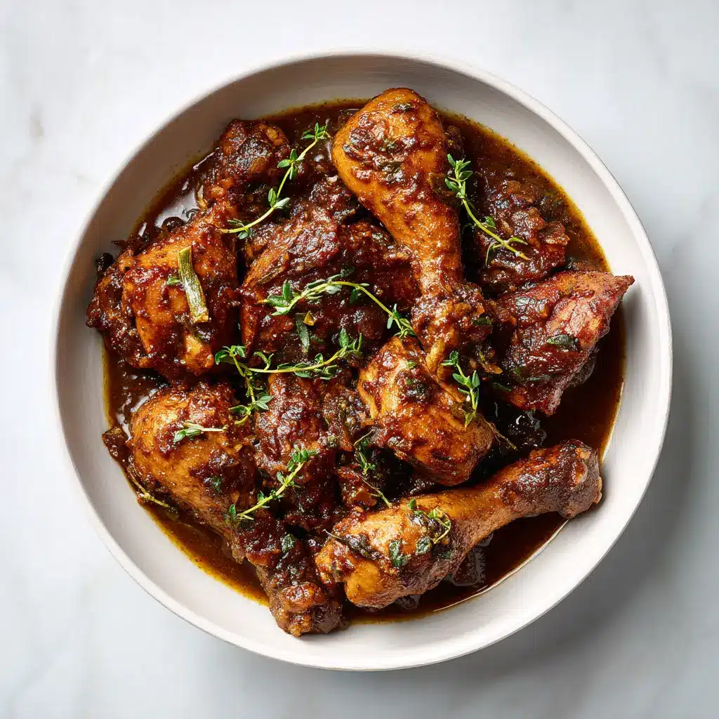 A close-up shot of Jamaican brown stew chicken simmering in a pot with carrots and bell peppers, showing the rich texture of the gravy.