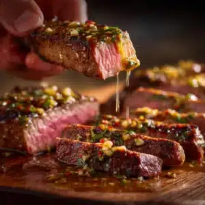 An extreme close-up of a juicy, perfectly seared steak with cowboy butter melting over the top, highlighting the herbs and spices in the sauce.