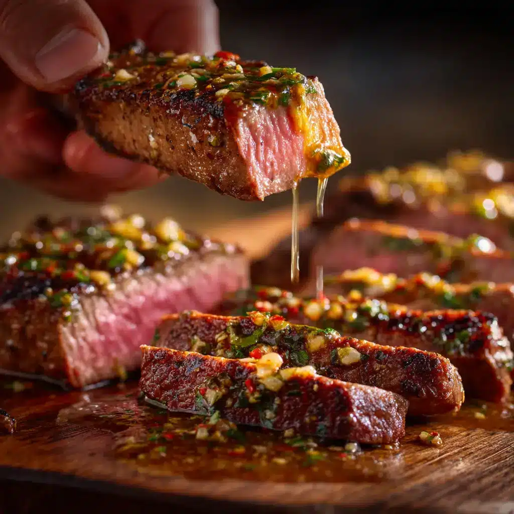 An extreme close-up of a juicy, perfectly seared steak with cowboy butter melting over the top, highlighting the herbs and spices in the sauce.