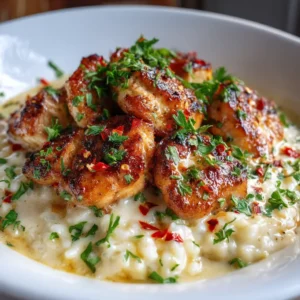 A close-up shot of chicken scampi pasta in a pan, highlighting the glossy lemon garlic butter sauce and pieces of golden-brown chicken.