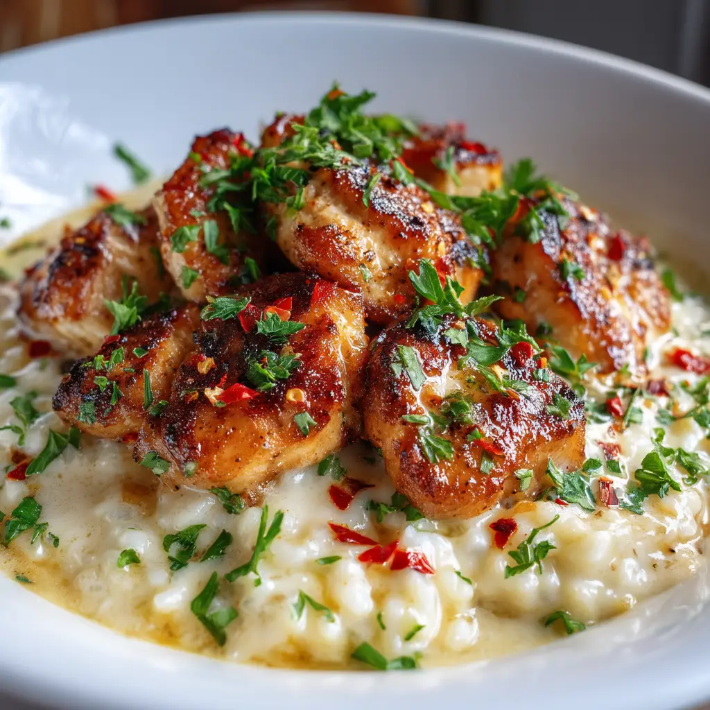 A close-up shot of chicken scampi pasta in a pan, highlighting the glossy lemon garlic butter sauce and pieces of golden-brown chicken.