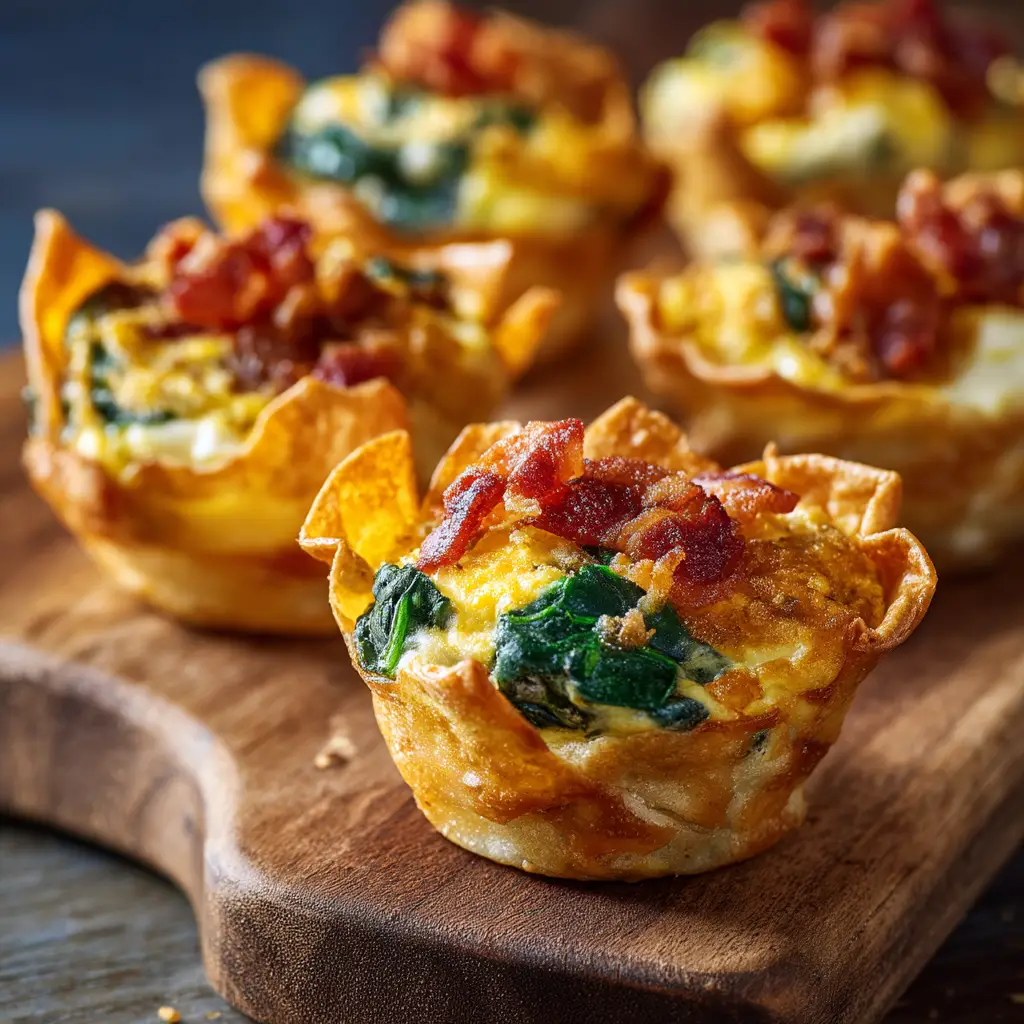 A batch of homemade bacon and spinach egg bites cooling in a rustic muffin tin, with fresh ingredients like spinach and eggs nearby. Illustrates an easy make-ahead breakfast.