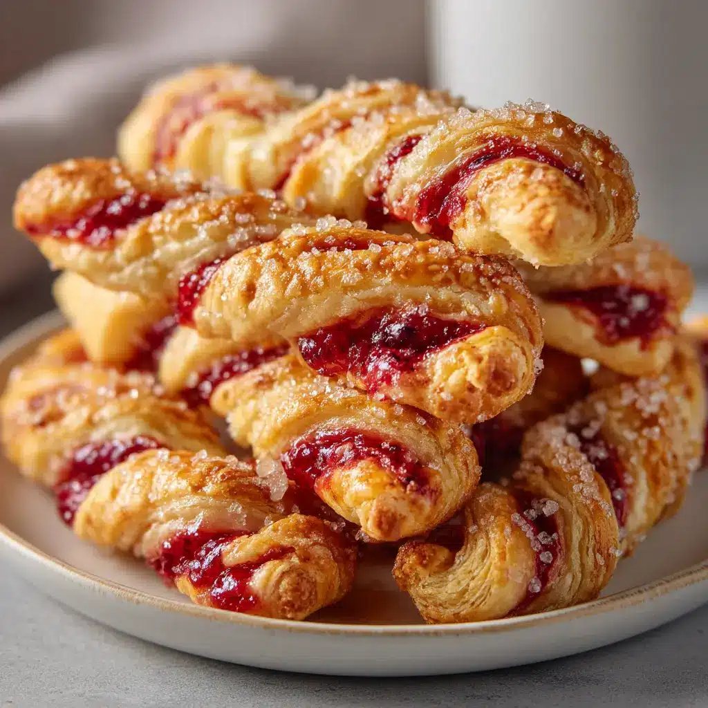 The process of assembling the berry puff pastry, showing the uncooked pastries on a baking sheet topped with cream cheese and berries.