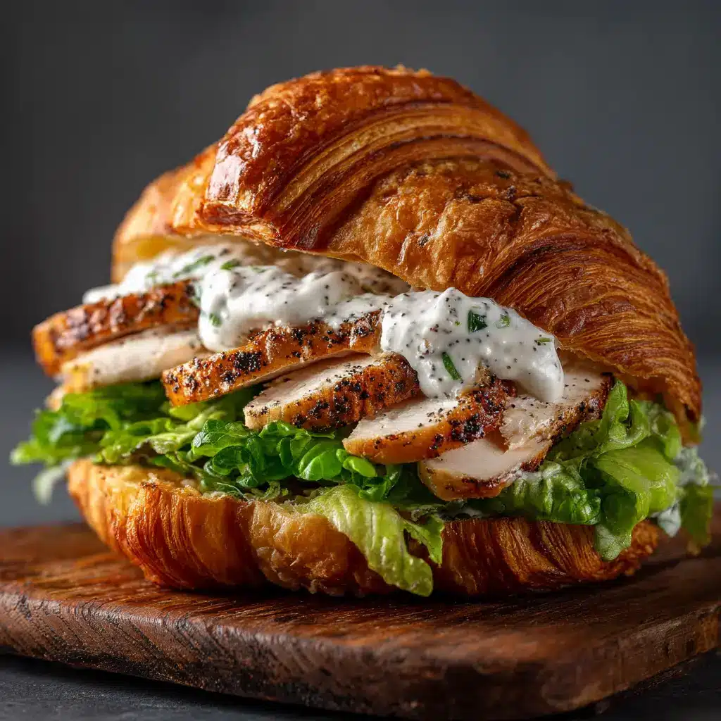 A close-up view of the chicken caesar sandwich filling being piled onto a freshly toasted, buttery croissant half.