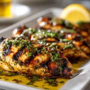 A close-up of the lemon herb marinade for the grilled chicken, showing minced garlic, parsley, and oregano in olive oil.