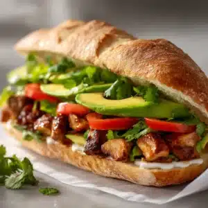 A close-up angled shot of a Mexican chicken torta, showing the juicy shredded chicken filling and creamy avocado on toasted bread.