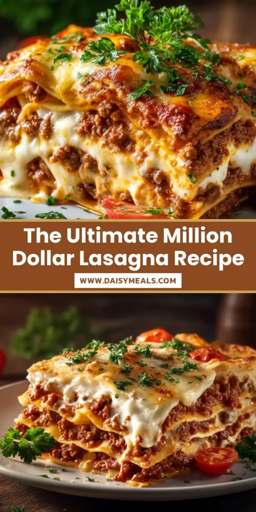 A thick, cheesy slice of Million Dollar Lasagna on a white plate, showcasing the distinct creamy cheese layer and rich meat sauce.