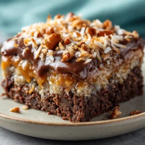 A close-up shot of a square slice of German Chocolate Poke Cake, revealing the moist crumb soaked with caramel and condensed milk.