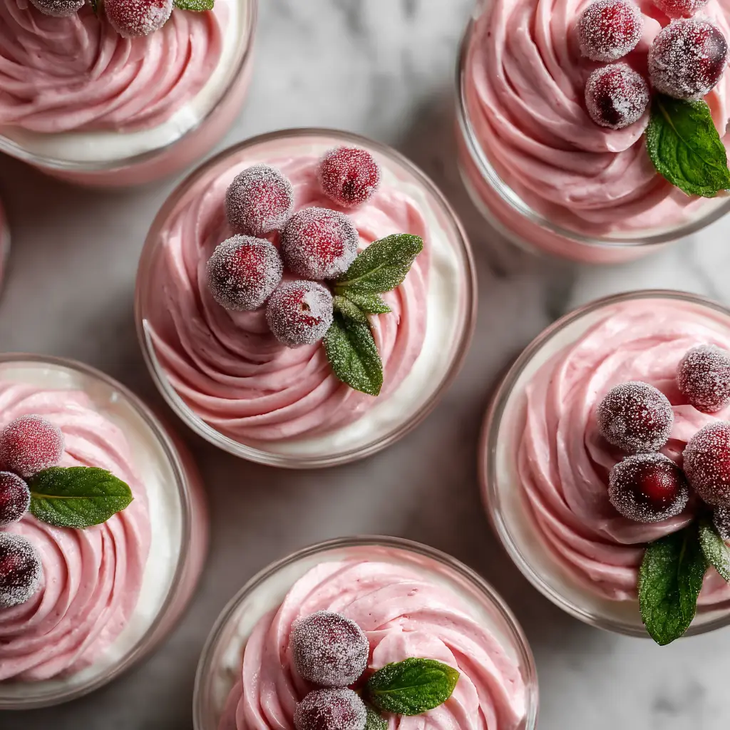 A display of no-bake cranberry dessert cups lined up, showcasing the distinct layers of graham cracker crust and light, airy cranberry mousse.