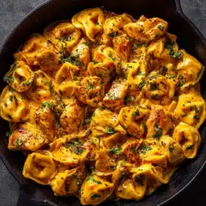 A close-up overhead shot of one-pot chicken tortellini in a rustic black skillet, emphasizing the creamy sauce and fresh spinach.