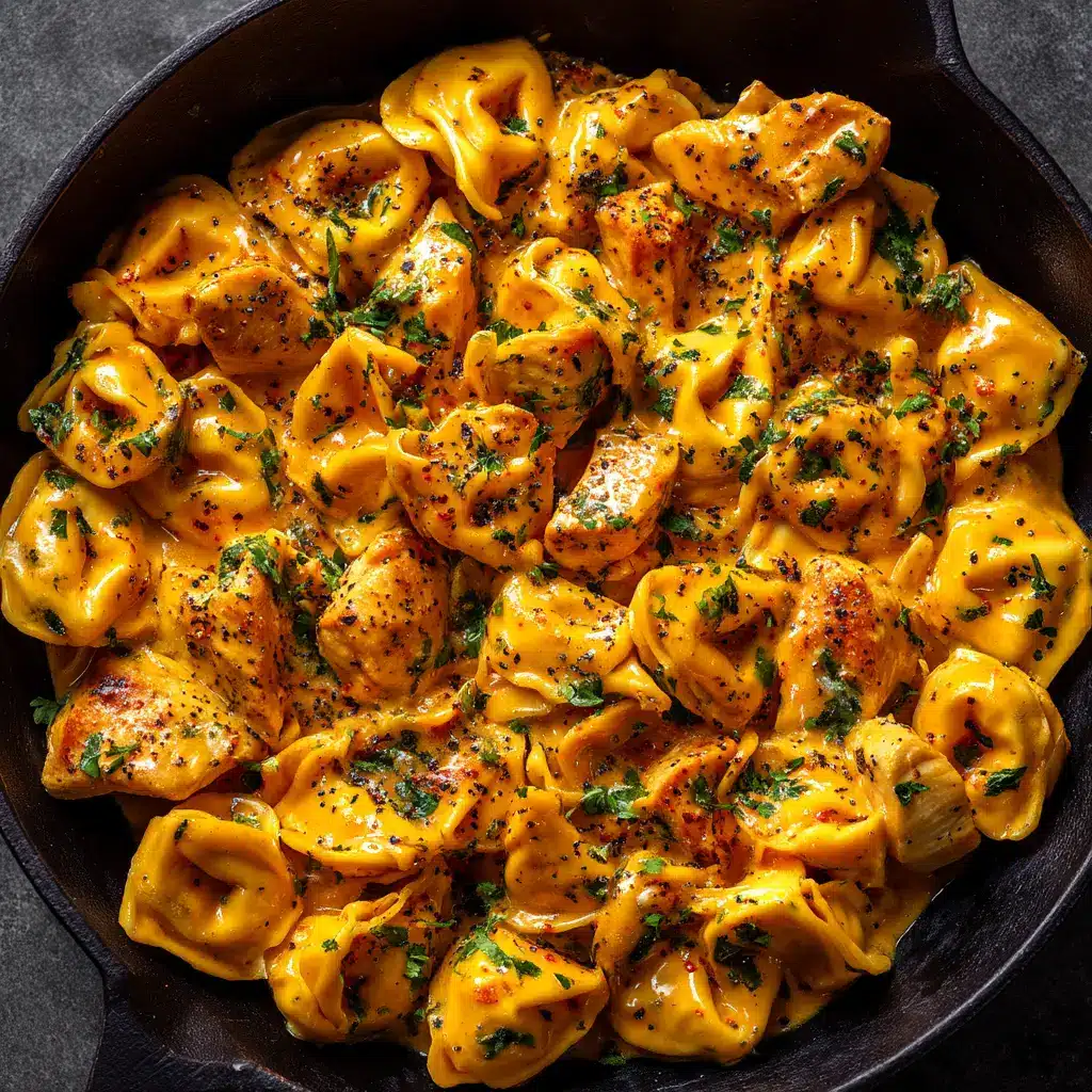 A close-up overhead shot of one-pot chicken tortellini in a rustic black skillet, emphasizing the creamy sauce and fresh spinach.