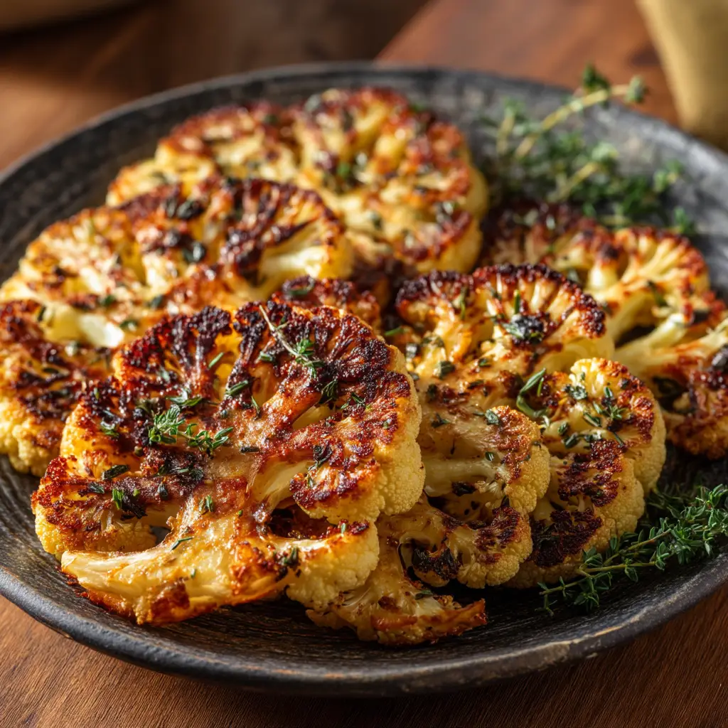 Golden brown oven-roasted cauliflower steaks arranged on a baking sheet fresh out of the oven. This shows the result of the crispy cauliflower recipe.