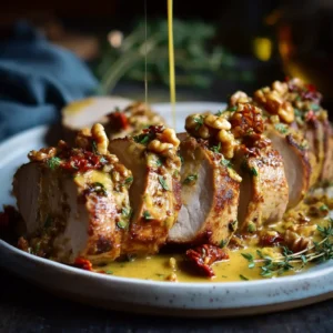 Slices of pan-seared pork tenderloin arranged on a rustic cutting board, showing a juicy pink center. This demonstrates the results of the best pork tenderloin recipe.