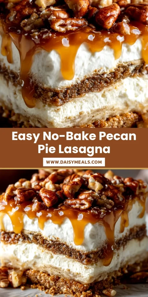 A top-down view of a 9x13 inch pan of Pecan Pie Lasagna, showing the distinct layers of graham cracker crust, cream cheese, pudding, and a gooey pecan topping. A slice has been removed to show the layers.