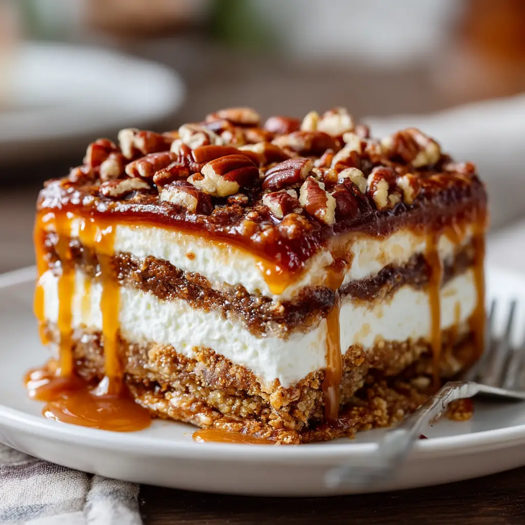 A single square slice of pecan pie dessert lasagna on a white plate, showcasing the creamy layers and rich caramel pecan topping. The background is softly blurred.