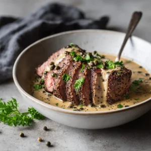 A sliced peppercorn crusted filet mignon resting on a wooden cutting board, showcasing its juicy, pink interior before the sauce is added.