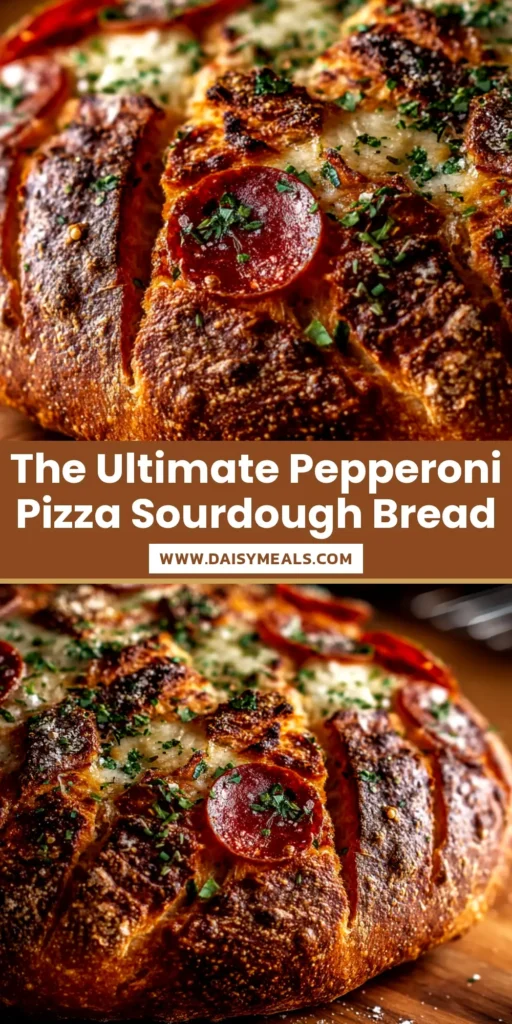 Pepperoni Pizza Sourdough Bread: The Ultimate Cheesy Loaf 4 A delicious loaf of Pepperoni Pizza Sourdough Bread, cut open to show melted cheese and pepperoni inside. The perfect savory sourdough recipe.