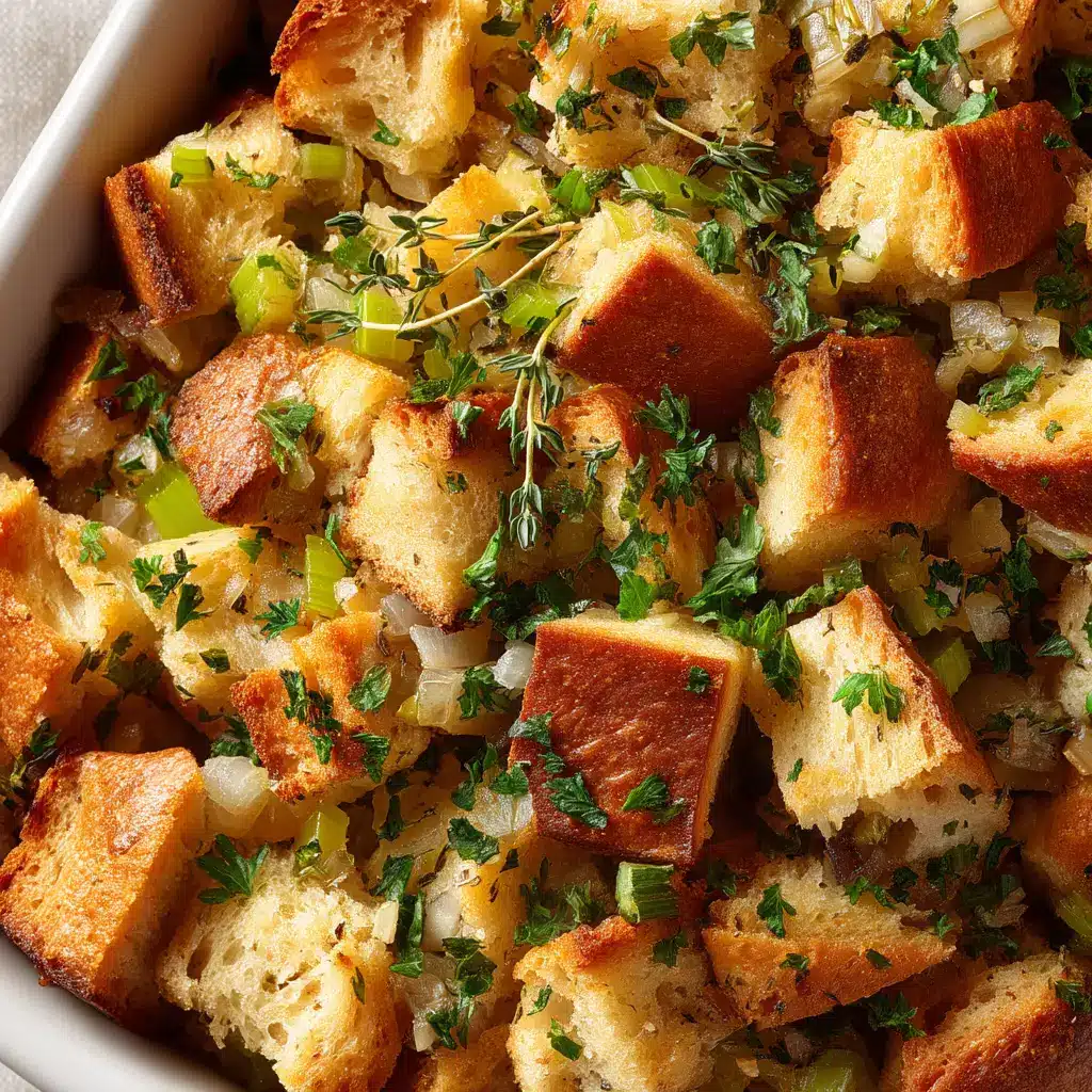 A baking dish filled with homemade stuffing before it goes into the oven, with all ingredients mixed together.