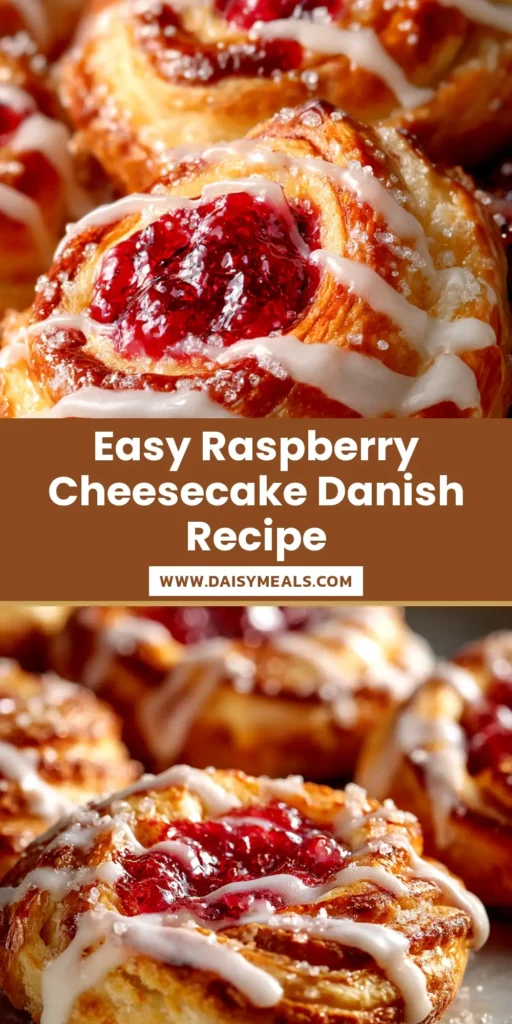 Raspberry Cheesecake Danish: The Ultimate Easy Recipe 3 A beautiful golden-brown Raspberry Cheesecake Danish on a plate, drizzled with a white glaze and topped with fresh raspberries.